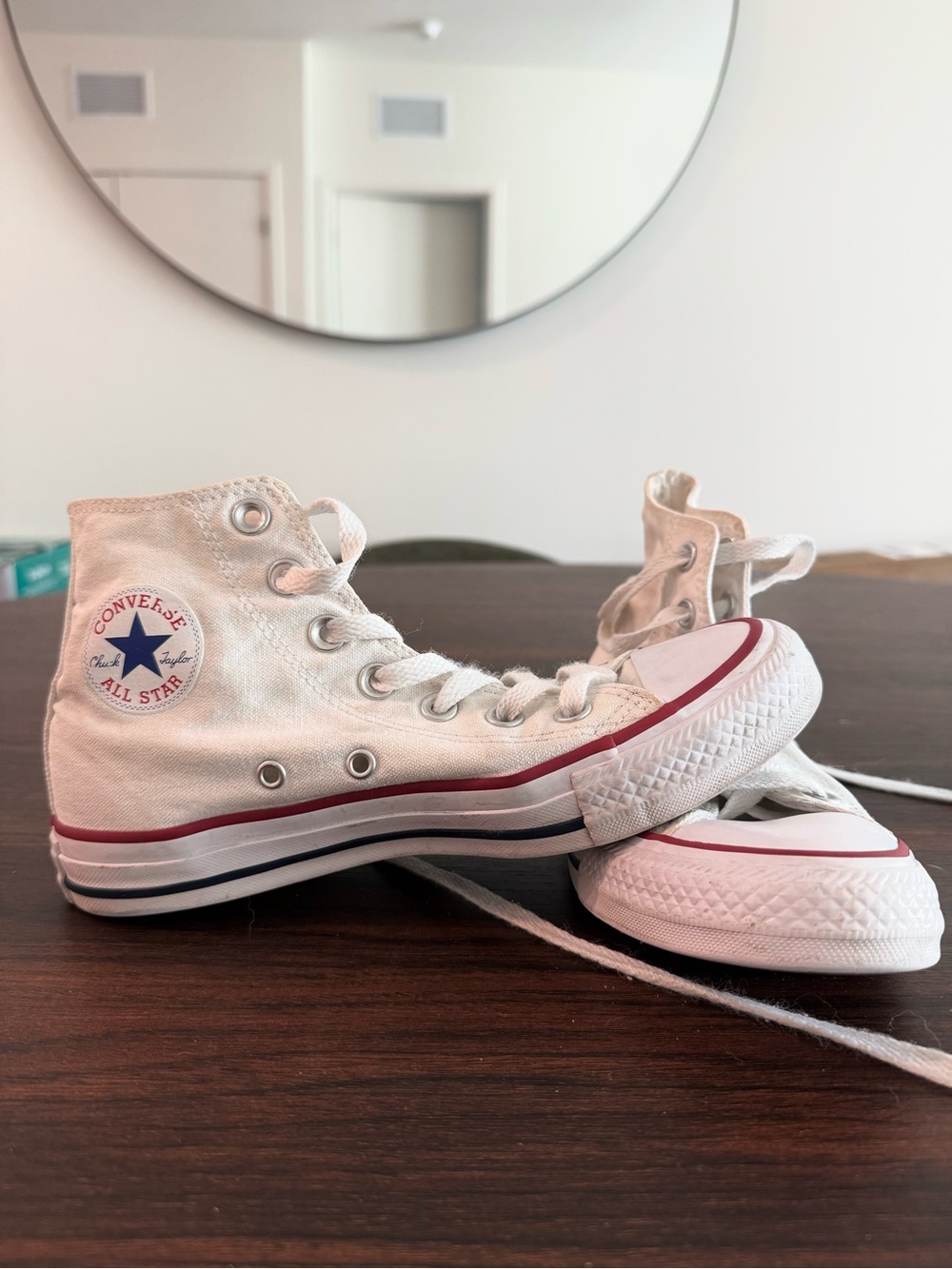 Converse White High Top Kids Sneakers with Red and Navy Trim